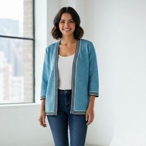 Ming Wang Blue Black White Striped Open Front 3/4 Sleeve Cardigan - Size M